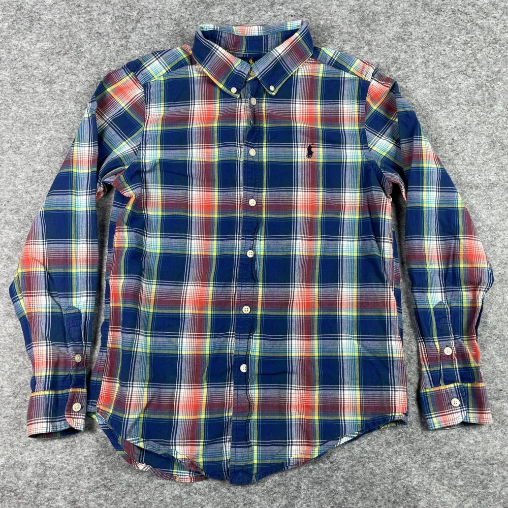 Ralph Lauren Button Down Shirt Boys L (14-16) Blue Plaid Long Sleeve Classic